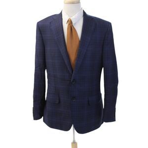 Trussini Mens Plaid Dark Blue Suit Jacket Button Collared Size 52